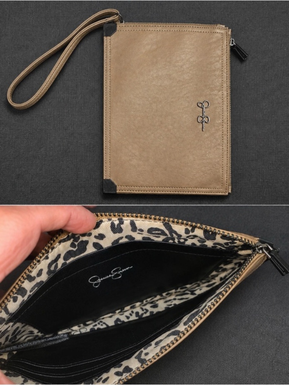 Jessica Simpson Taupe Faux Leather Wristlet Clutch with Leopard Lining
